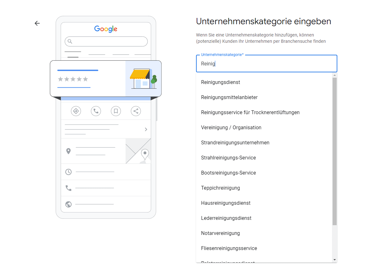 Unternehmenskategorie eingeben